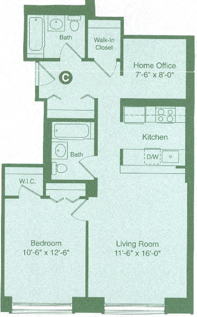 Floor plan for 1 bed, 2 baths